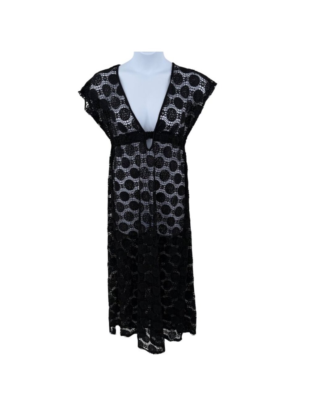 BOHO BLACK CROCHET LONG MAXI COVER-UP SWIM BEACH DRESS DEEP V-NECK CAP SLEEVES -